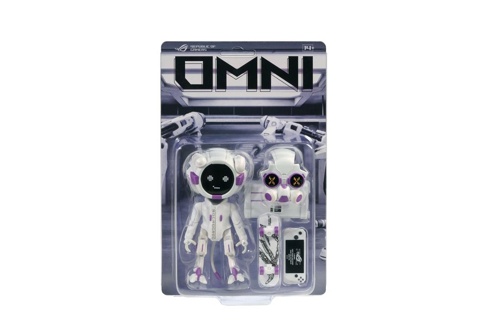 ROG OMNI煥彩白版本則隨附同色系面罩、迷你ROG Ally電競掌機、工具箱與塗鴉滑板，細節誠意滿載。